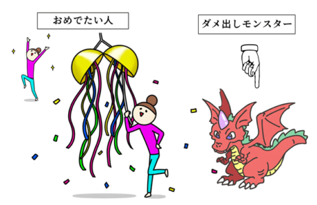 ダメ出しモンスターにおめでたい人で応戦するイラスト