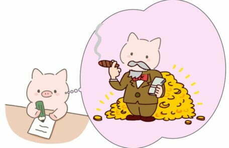 大金持ちになる未来を描いたブタのイラスト