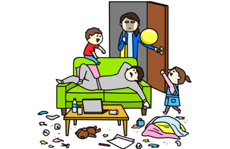 家事育児をしない夫と帰って来た妻のイラスト