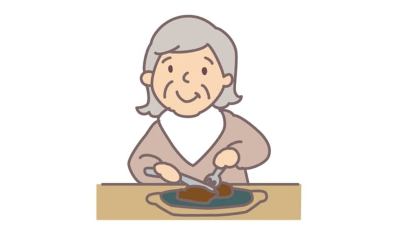 ステーキを食べるお婆さんのイラスト