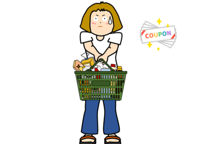 クーポンでまとめ買いする人のイラスト